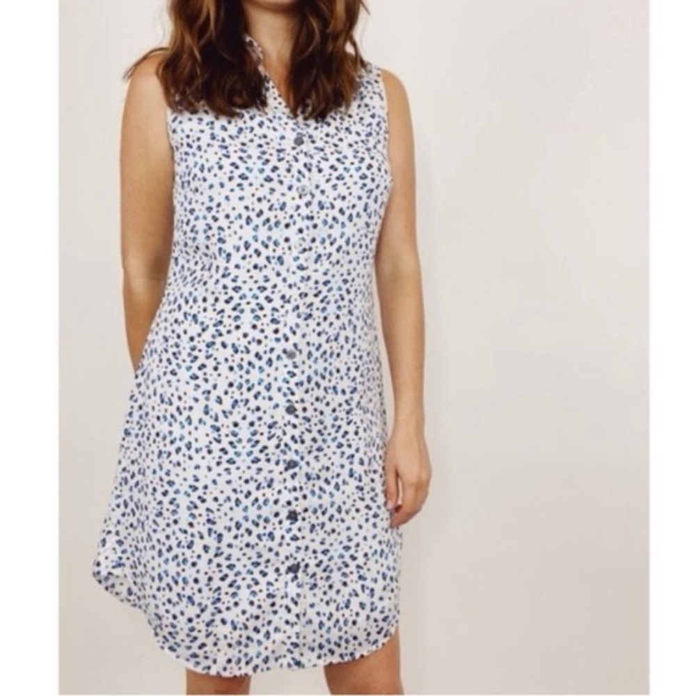 Cabi Camilla Sleeveless Shirt Leopard Dress White Blue Size XS
